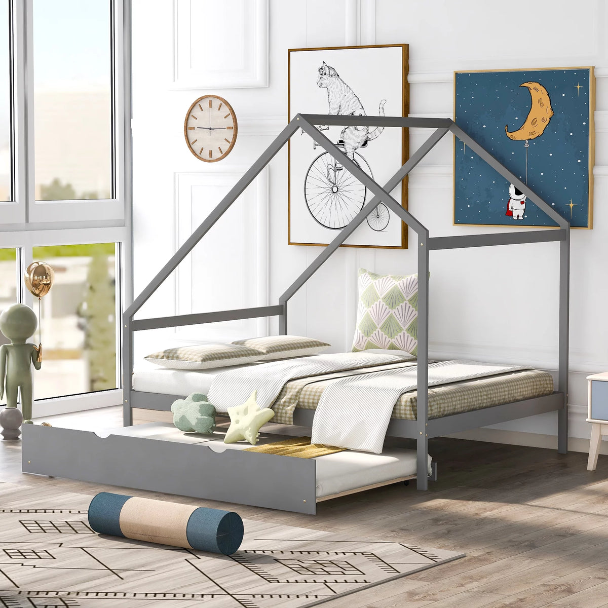 Full Size Wooden House Bed with Twin Size Trundle Z10502
