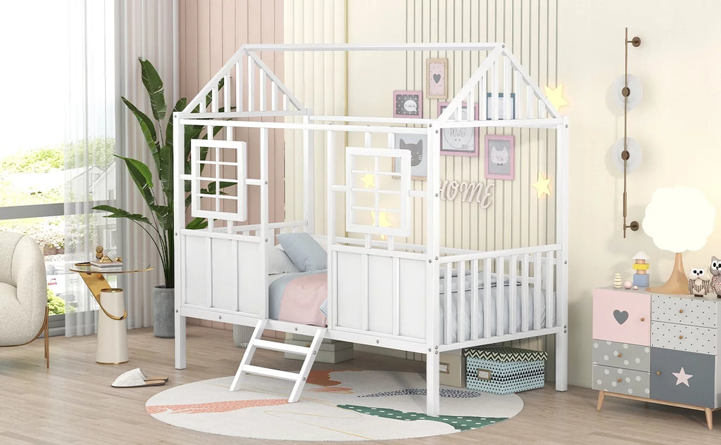 White Metal Twin Low Loft Bed with House-Shaped Roof and Window Z4800