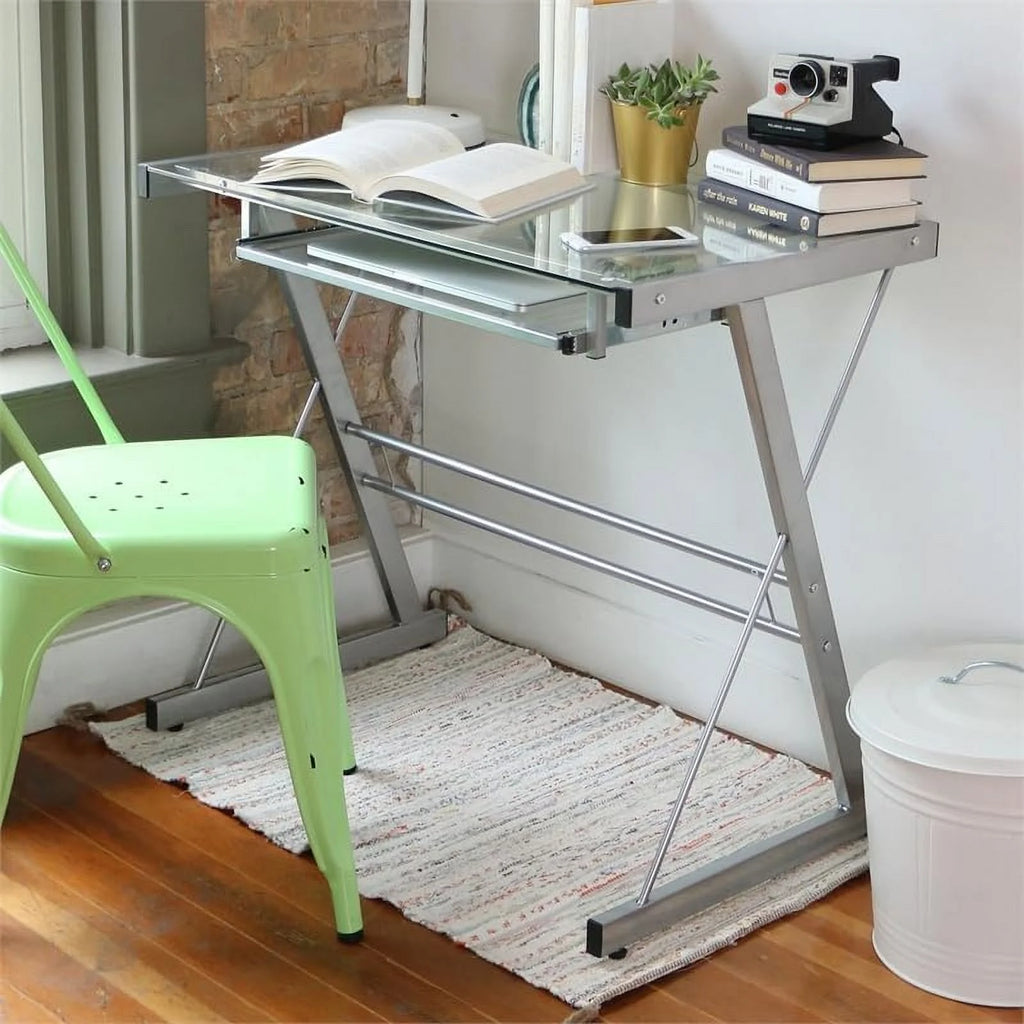 Small Work from Home Office Laptop Computer Desk with Glass Top in Silver B1937