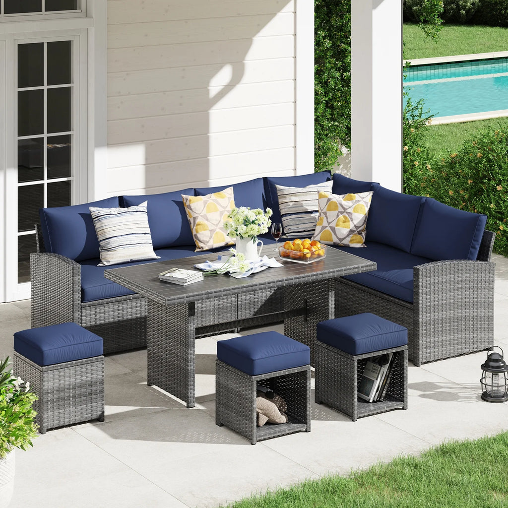 7 Piece Patio Furniture Set with Dining Table and Ottomans C4095