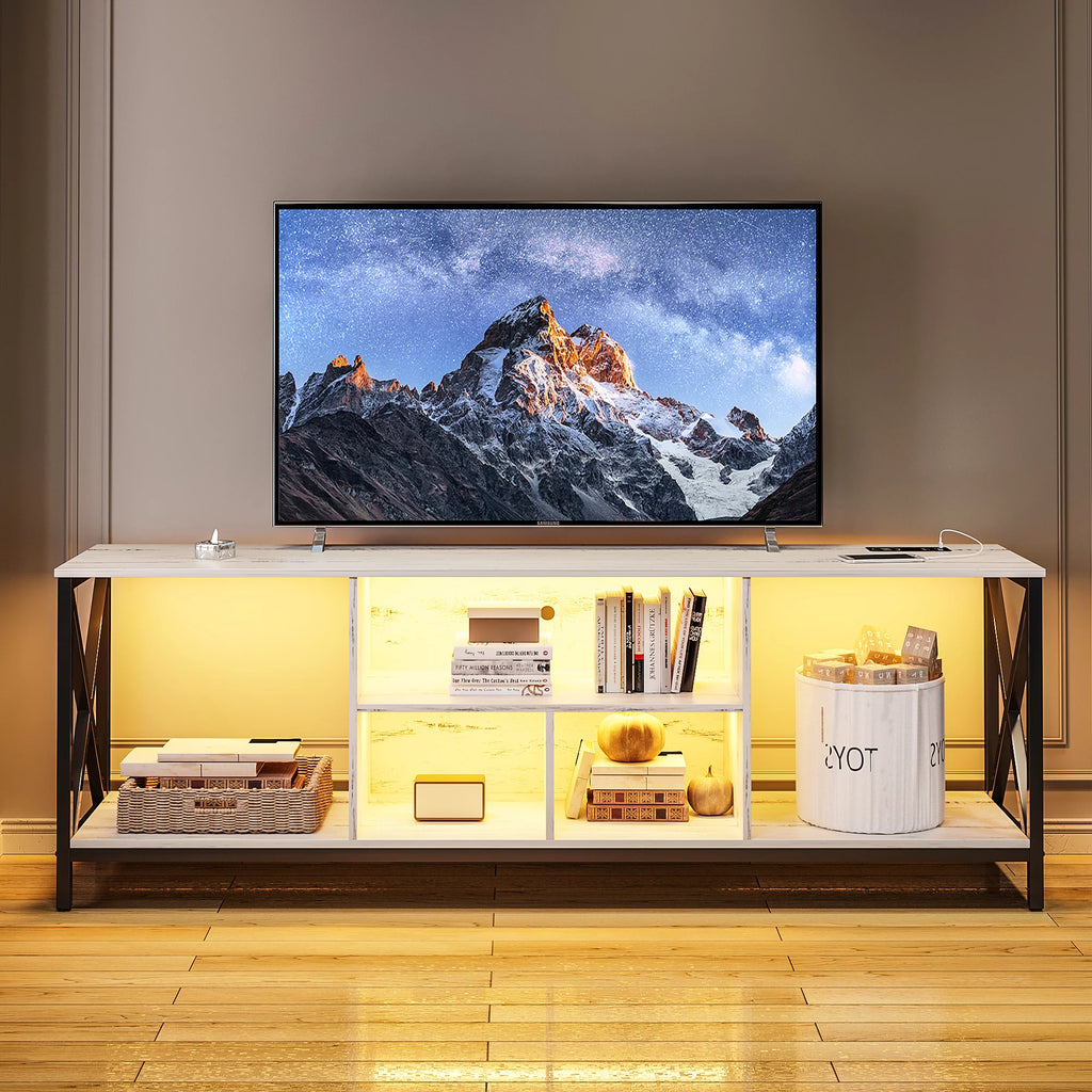 White LED TV Stand with Charging Station and Storage Cabinet J2733