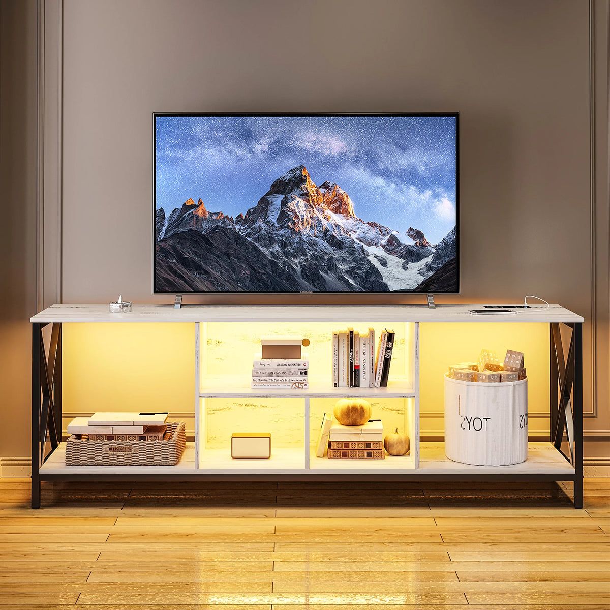 White LED TV Stand with Charging Station and Storage Cabinet J2733