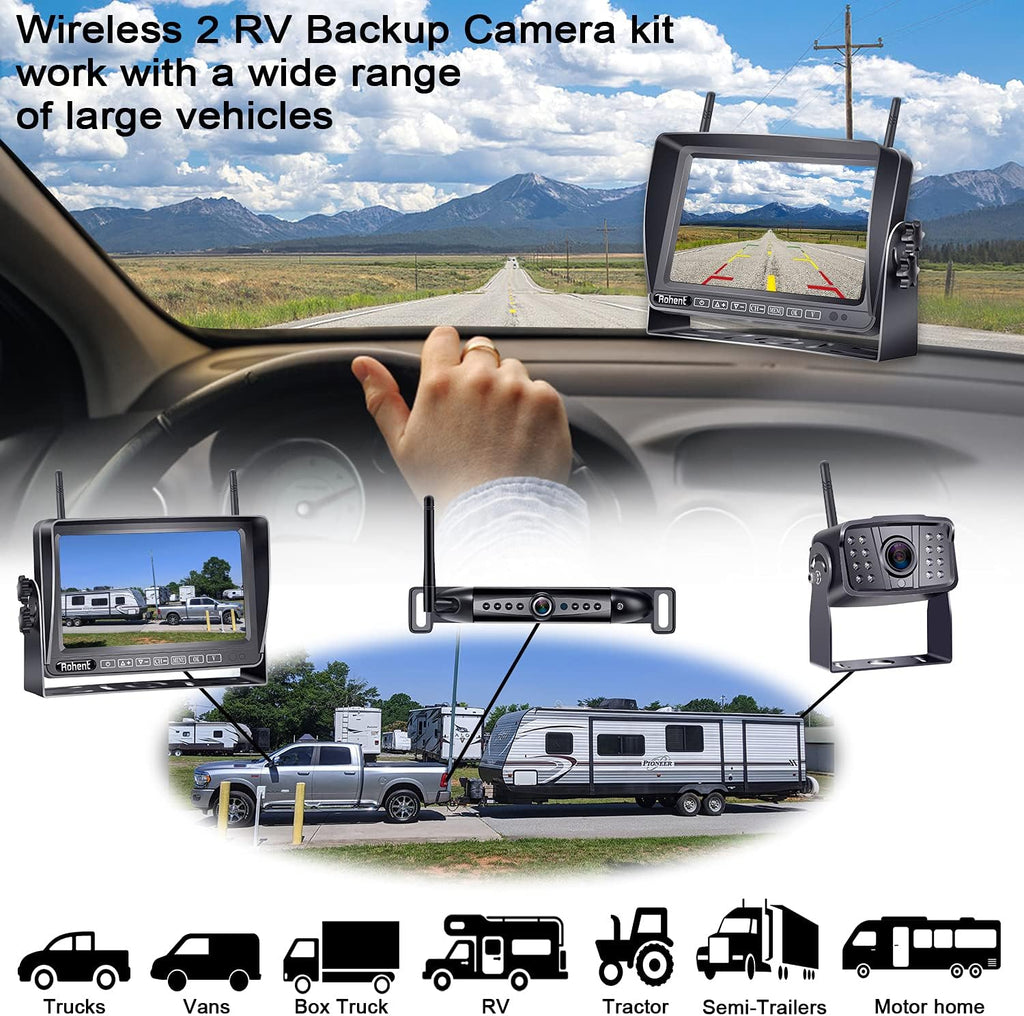 Wireless Backup Camera HD1080P 2 Cameras 7 Inch DVR Monitor IP69K Waterproof J1051