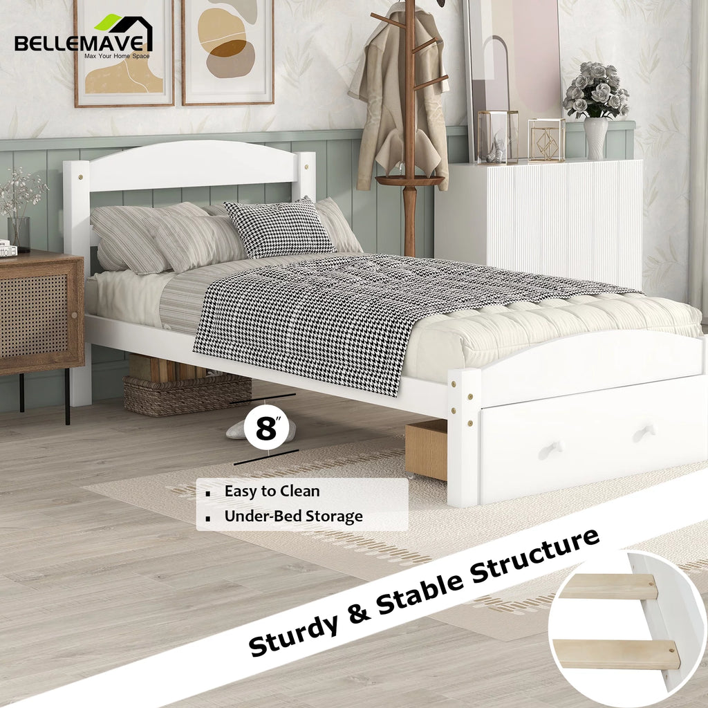 White Twin Solid Wood Bed Frame with Storage Drawer H5684