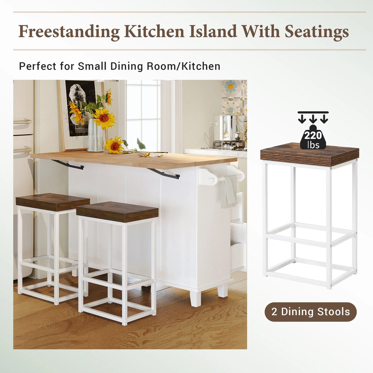White Kitchen Island Set with 2 Seatings R287