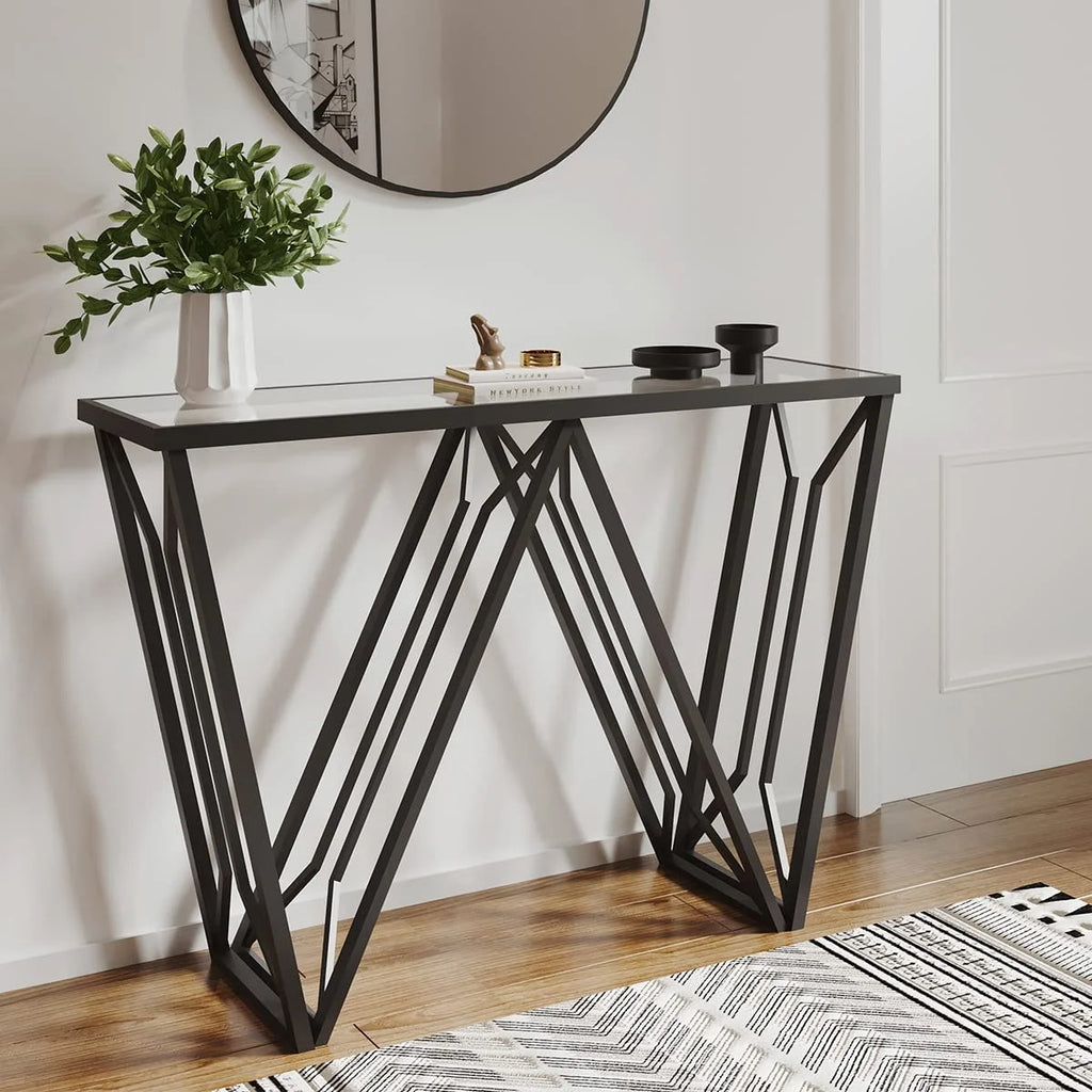 Glass Console Table Narrow Sofa Table Black Metal Frame X7826