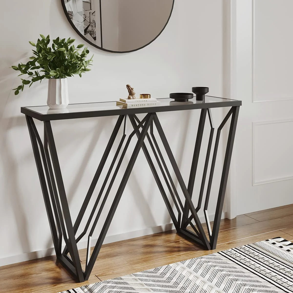 Glass Console Table Narrow Sofa Table Black Metal Frame X7826