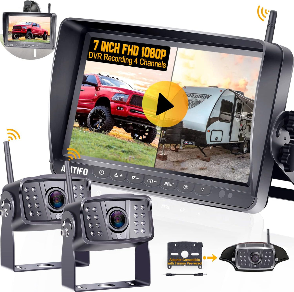 Wireless Backup Camera HD 1080P 2 Rear View Cameras 7 Inch DVR Monitor System C65685