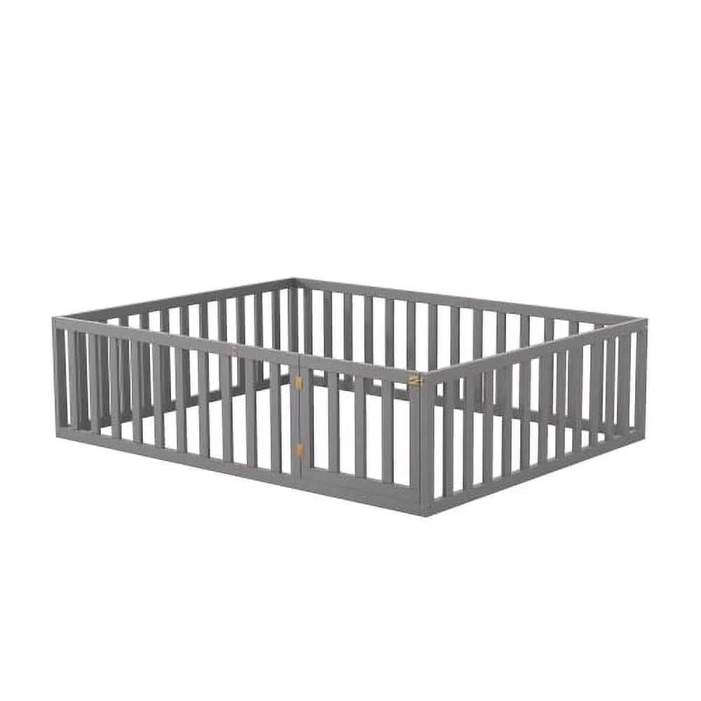 Twin Size Solid Wood Floor Bed Frame with Fence and Door E771938