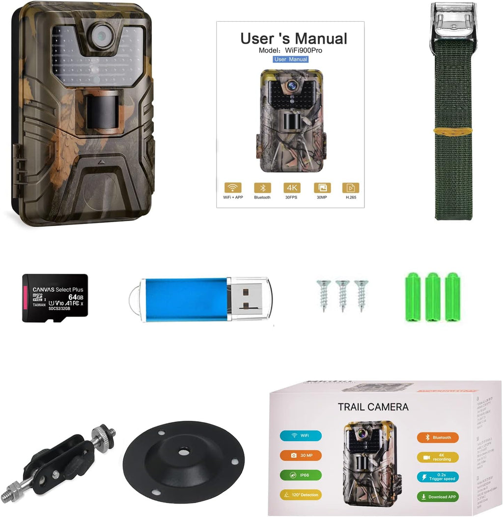 Wifi Trail Camera 30 MP 4K Bluetooth Wireless 65FT Night Vision IP66 J75429