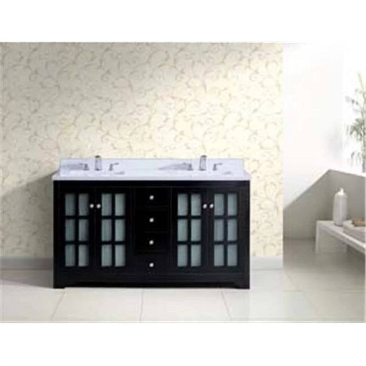 Solid Wood Glass Doors and Drawers Black Cabinet H1907