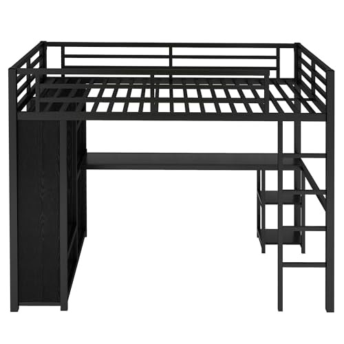 Queen Size Black Metal Loft Bed with Wardrobe and Desk Y69698