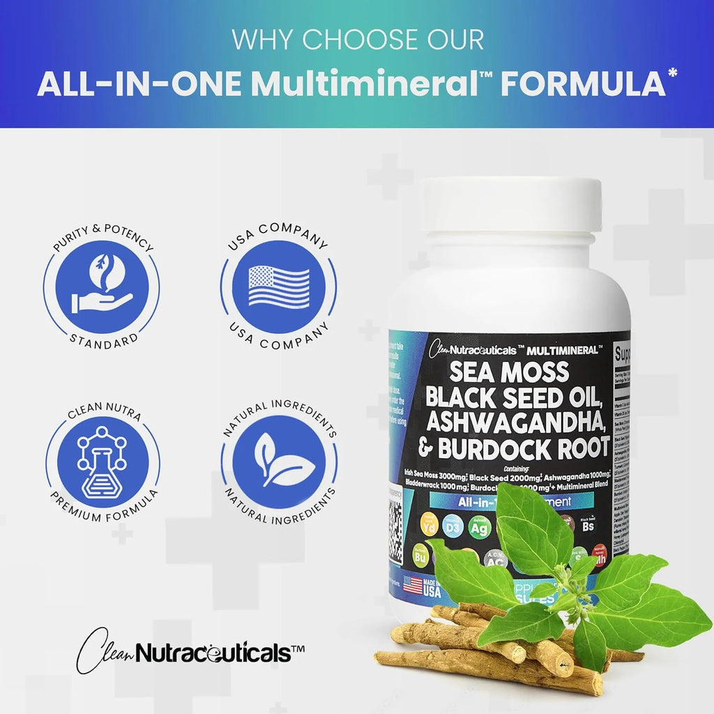 Sea Moss Black Seed Oil Ashwagandha Turmeric Bladderwrack Burdock Vitamin C D3 R7372