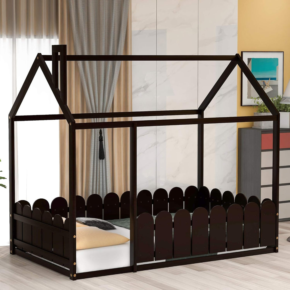 White Twin Size Wood Platform Bed with Trundle and Roof F665