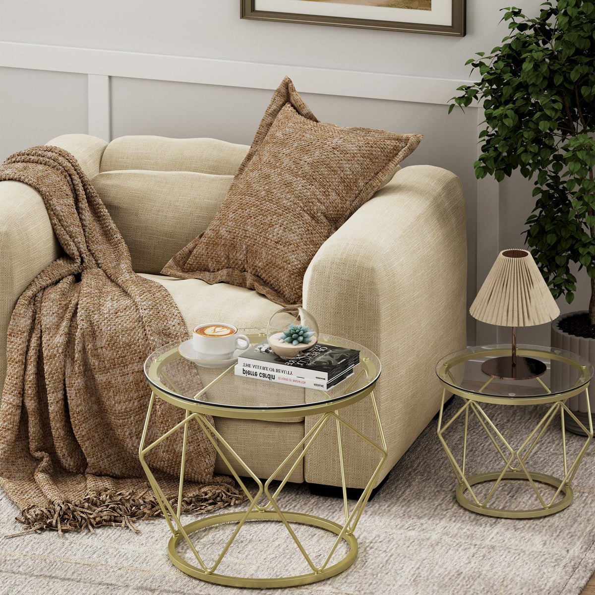 Round Coffee Table Set of 2 with Tempered Glass Top C269