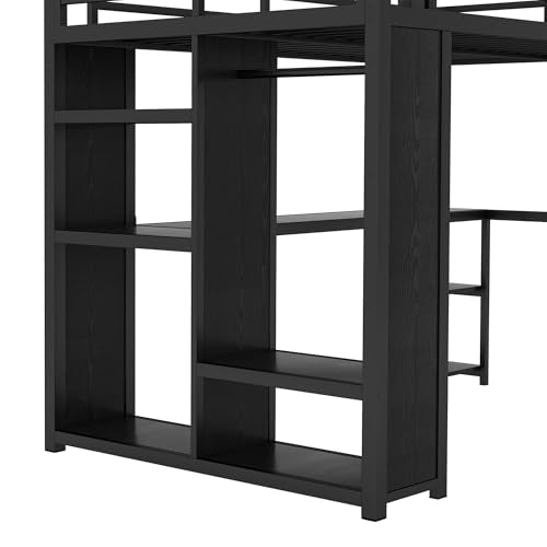 Queen Size Black Metal Loft Bed with Wardrobe and Desk Y69698