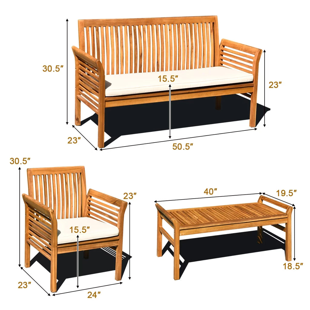 4-Piece Acacia Wood Patio Sofa Set with Beige Cushions V593