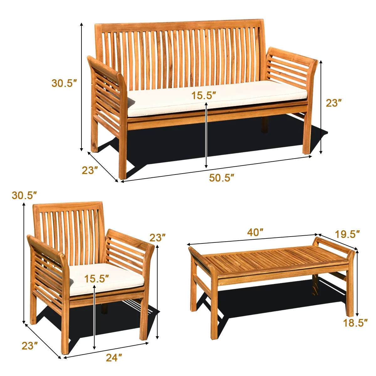 4-Piece Acacia Wood Patio Sofa Set with Beige Cushions V593
