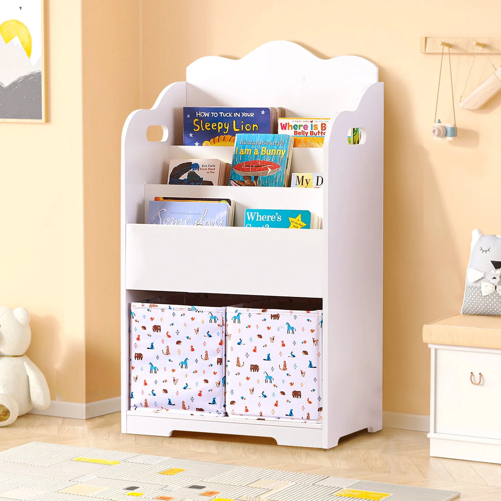White Wood 4 Tier Kids Bookshelf with Toy Bin E651