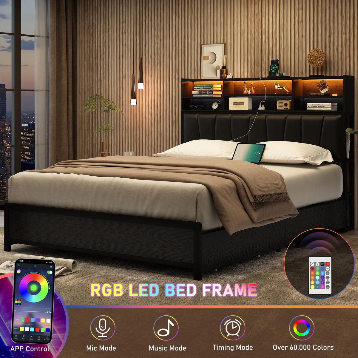 White Queen Size LED Platform Storage Bed Frame with Charging Station P894927