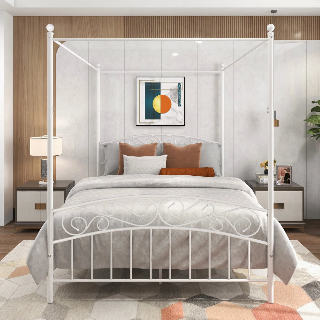 Queen White Metal Canopy Bed Frame with Headboard & Footboard V37799