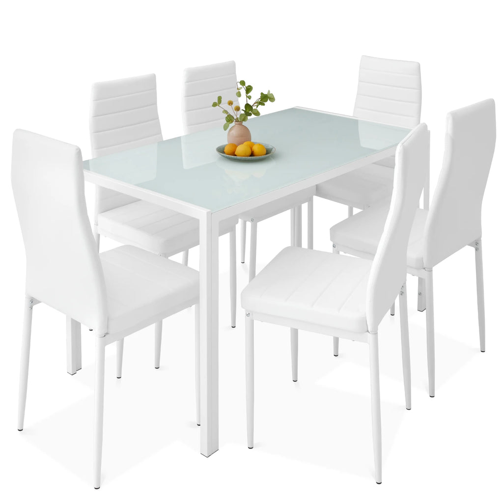 7-Piece Kitchen Dining Table Set with Glass Tabletop 6 Faux Leather Chairs V252963