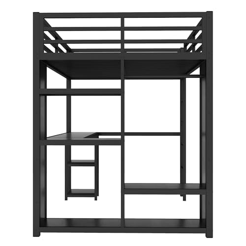 Queen Size Black Metal Loft Bed with Wardrobe and Desk Y69698