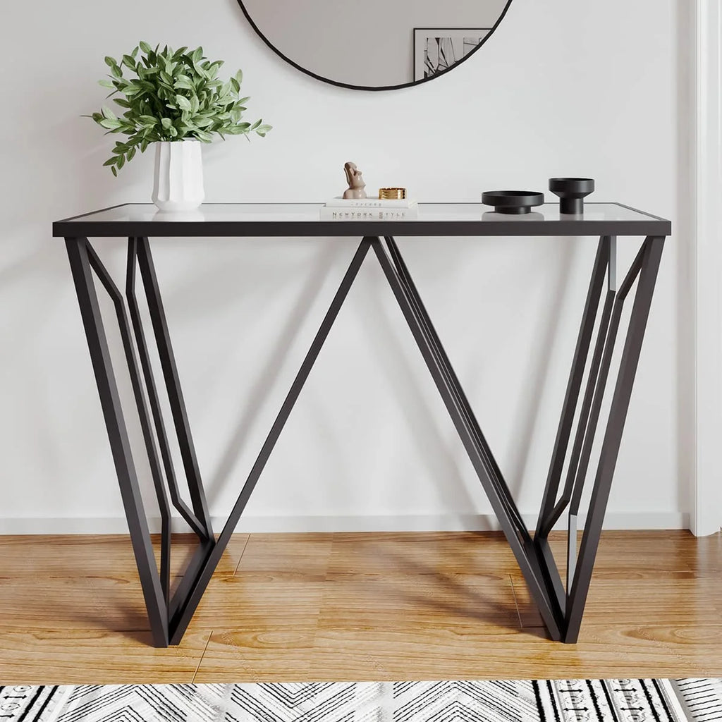 Glass Console Table Narrow Sofa Table Black Metal Frame X7826
