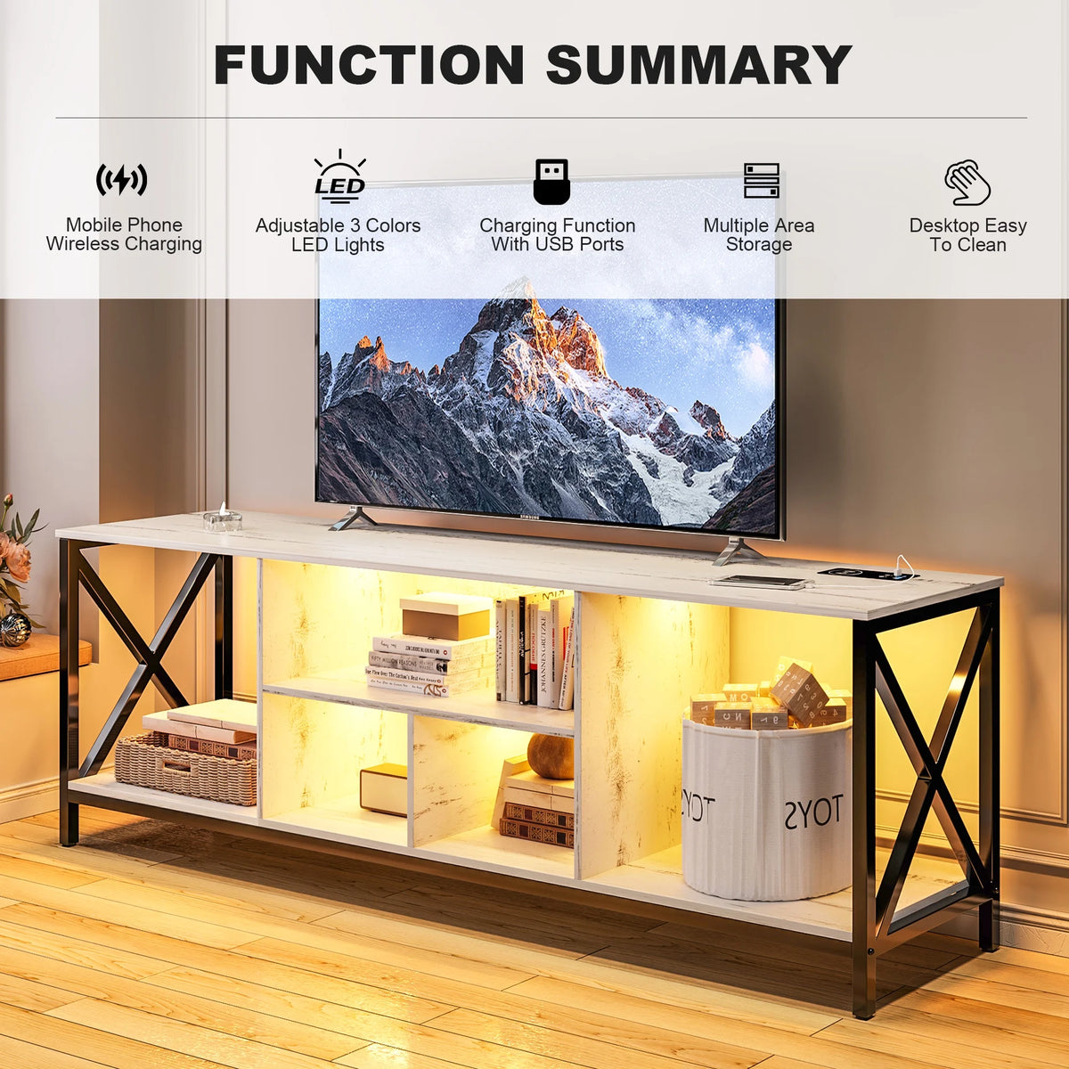 White LED TV Stand with Charging Station and Storage Cabinet J2733