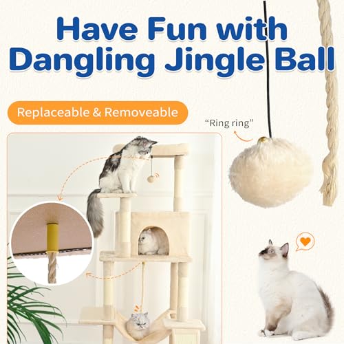 63in Multi-Level Cat Tree Tower with Sisal Scratching Posts, Condo, Hammock, Dangling Ball and Extended Platform, Dark Grey C928992