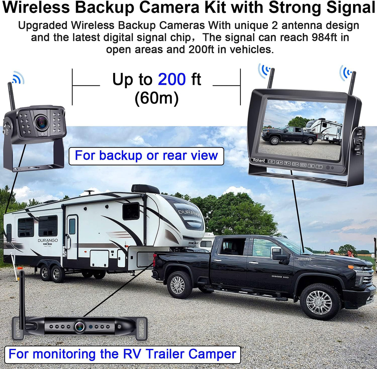 Wireless Backup Camera HD1080P 2 Cameras 7 Inch DVR Monitor IP69K Waterproof J1051