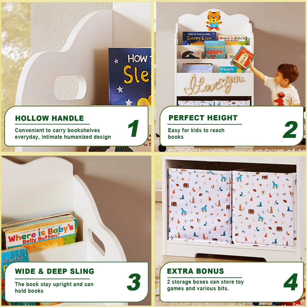 White Wood 4 Tier Kids Bookshelf with Toy Bin E651