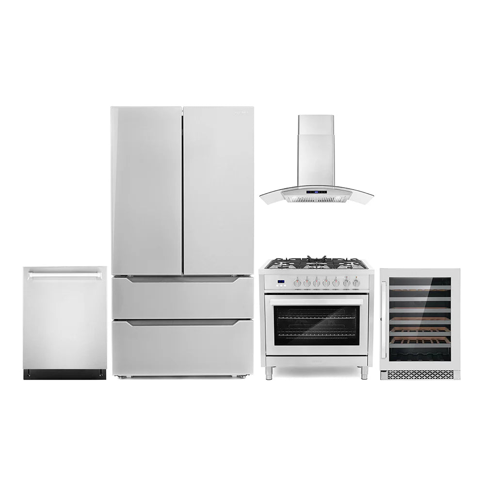 36 Dual Fuel Range, Wall Mount Range Hood, Dishwasher, Refrigerator with Ice Maker and Wine Cooler O32182