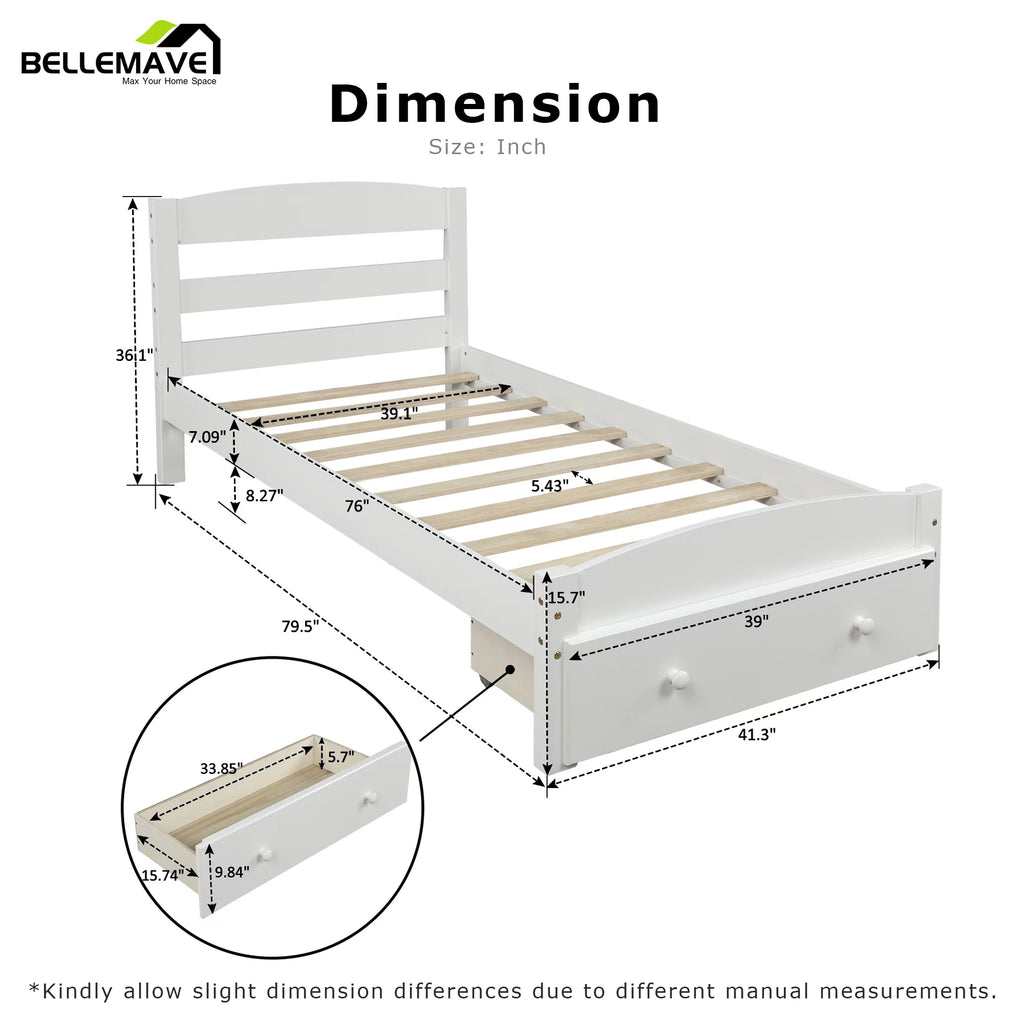 White Twin Solid Wood Bed Frame with Storage Drawer H5684