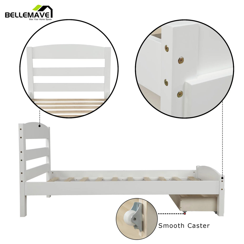 White Twin Solid Wood Bed Frame with Storage Drawer H5684