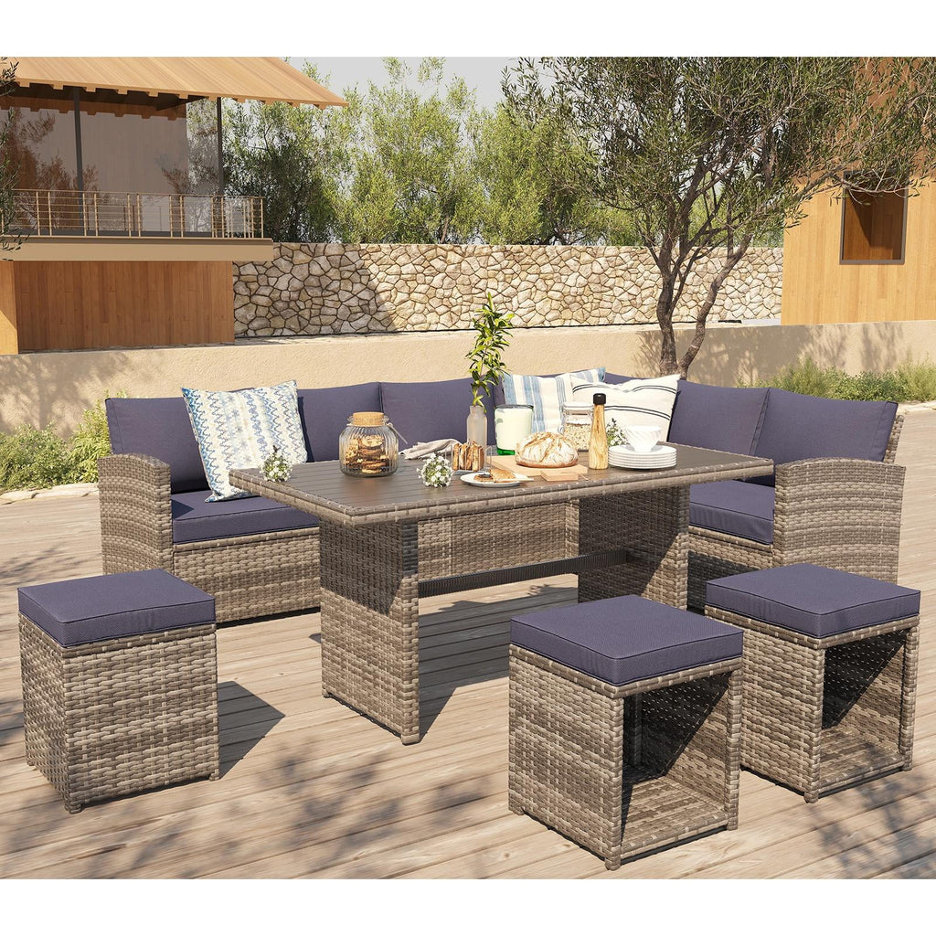 7 Piece Patio Furniture Set with Dining Table and Ottomans C4095