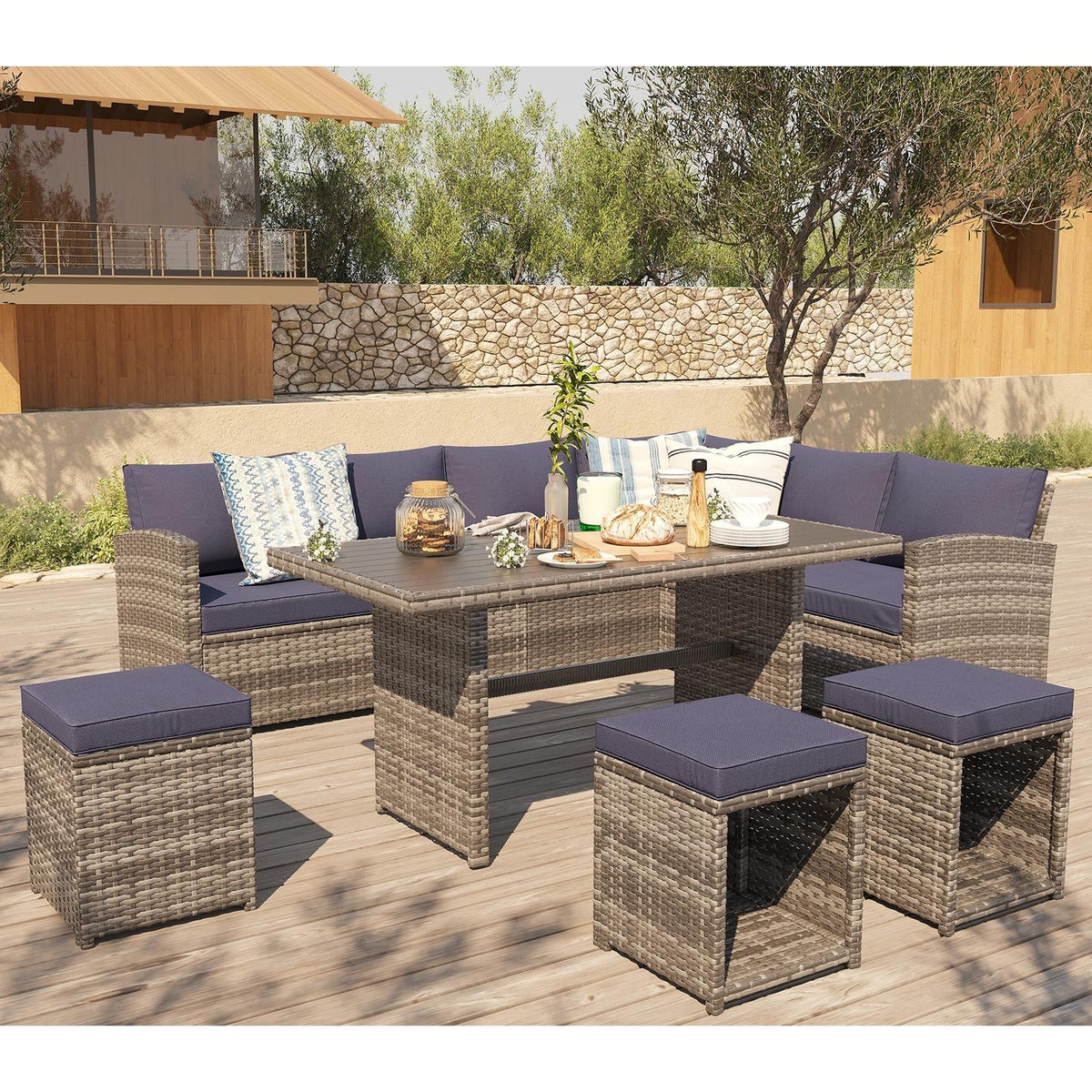 7 Piece Patio Furniture Set with Dining Table and Ottomans C4095