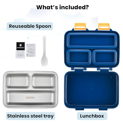 3-Compartment Kids Bento Lunch Box with Leak-Proof Lid, Spoon & Stainless Steel Tray A2859