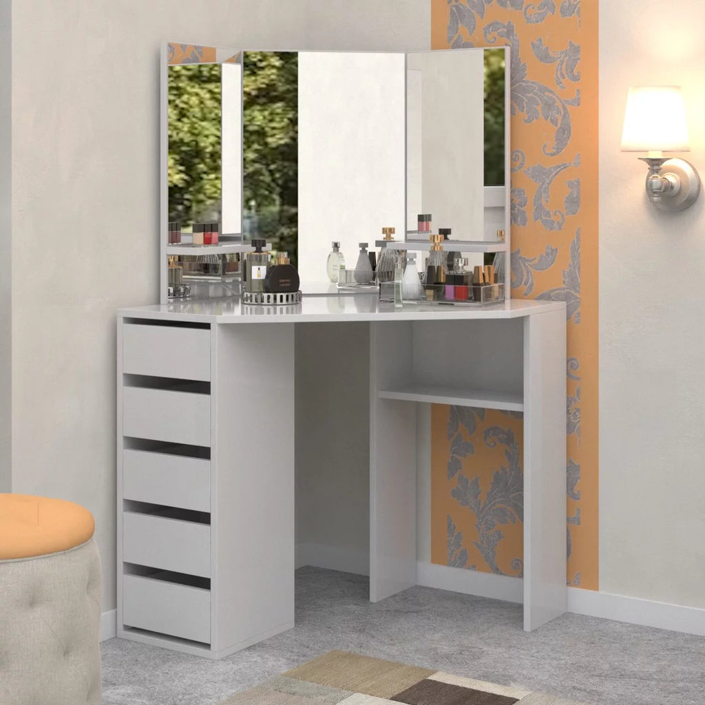 Corner Makeup Vanity Desk with 3 Mirrors and 5 Drawers H82332