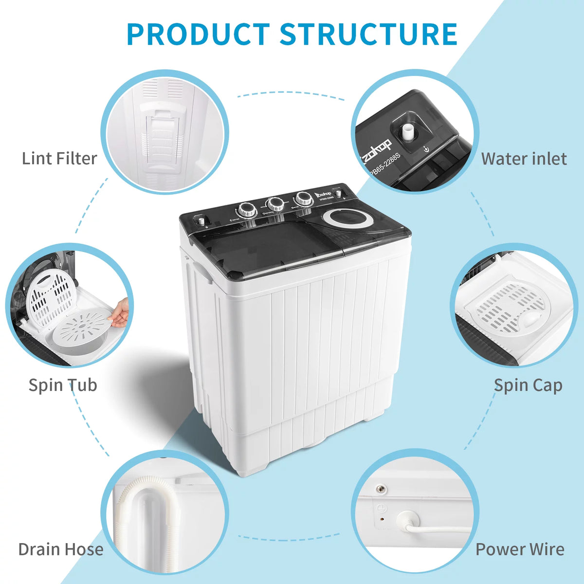 Portable 26lbs Twin Tub Compact Semi-automatic Washing Machine F3008