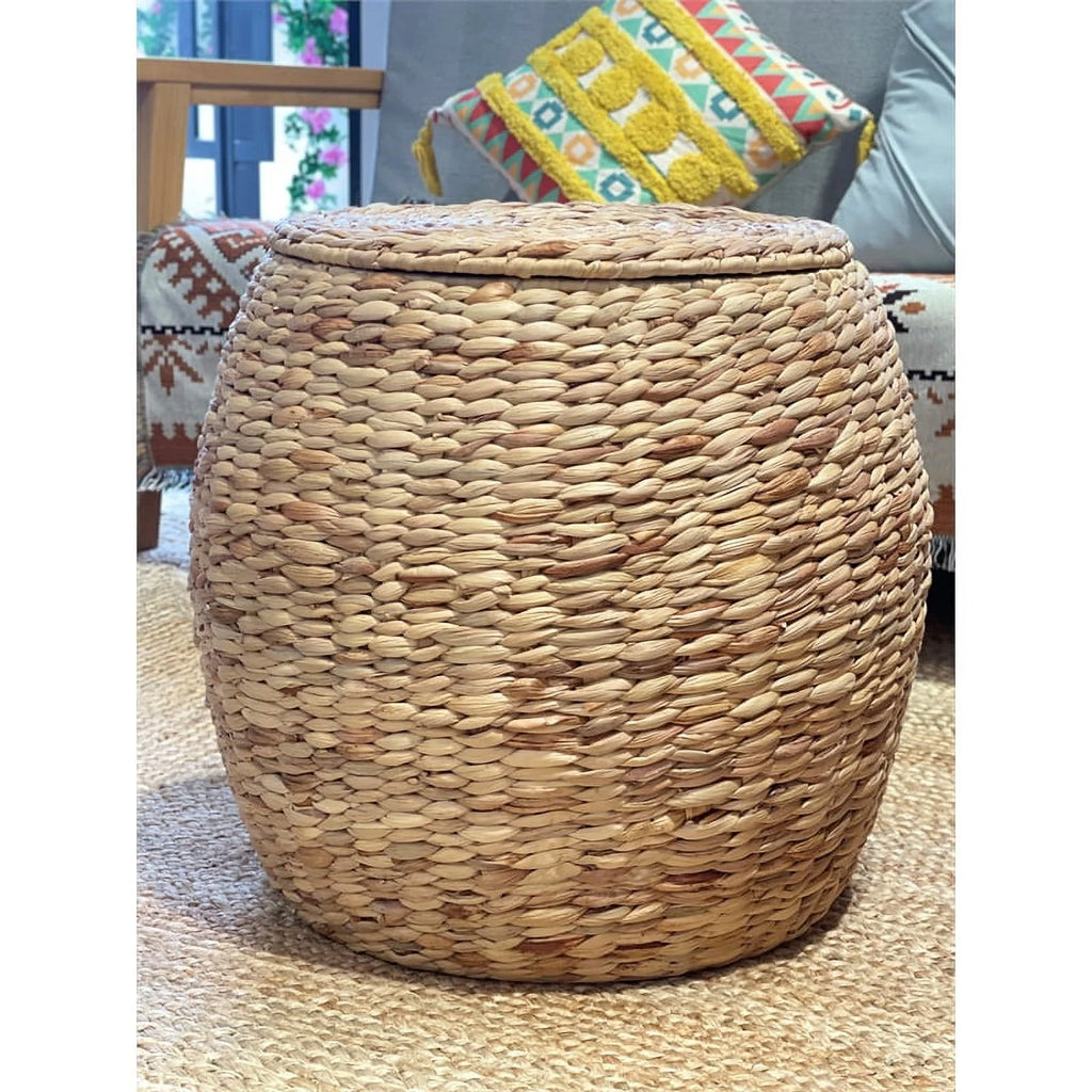 Beige Wicker Rattan Storage Ottoman Basket with Lid M3666