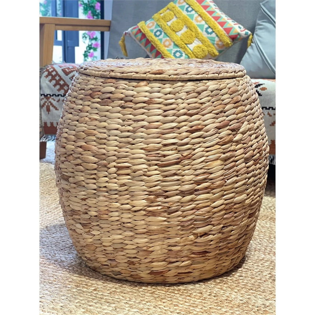 Beige Wicker Rattan Storage Ottoman Basket with Lid M3666
