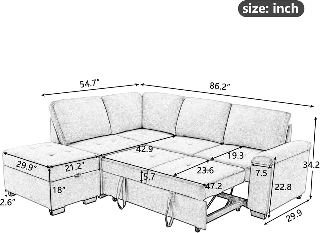 Reversible Sleeper Sectional Sofa with Storage Ottoman C7276