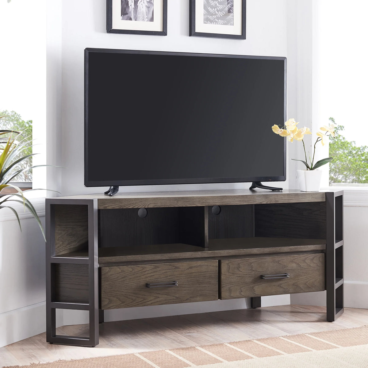 Mixed Metal and Wood Corner TV Stand R1082
