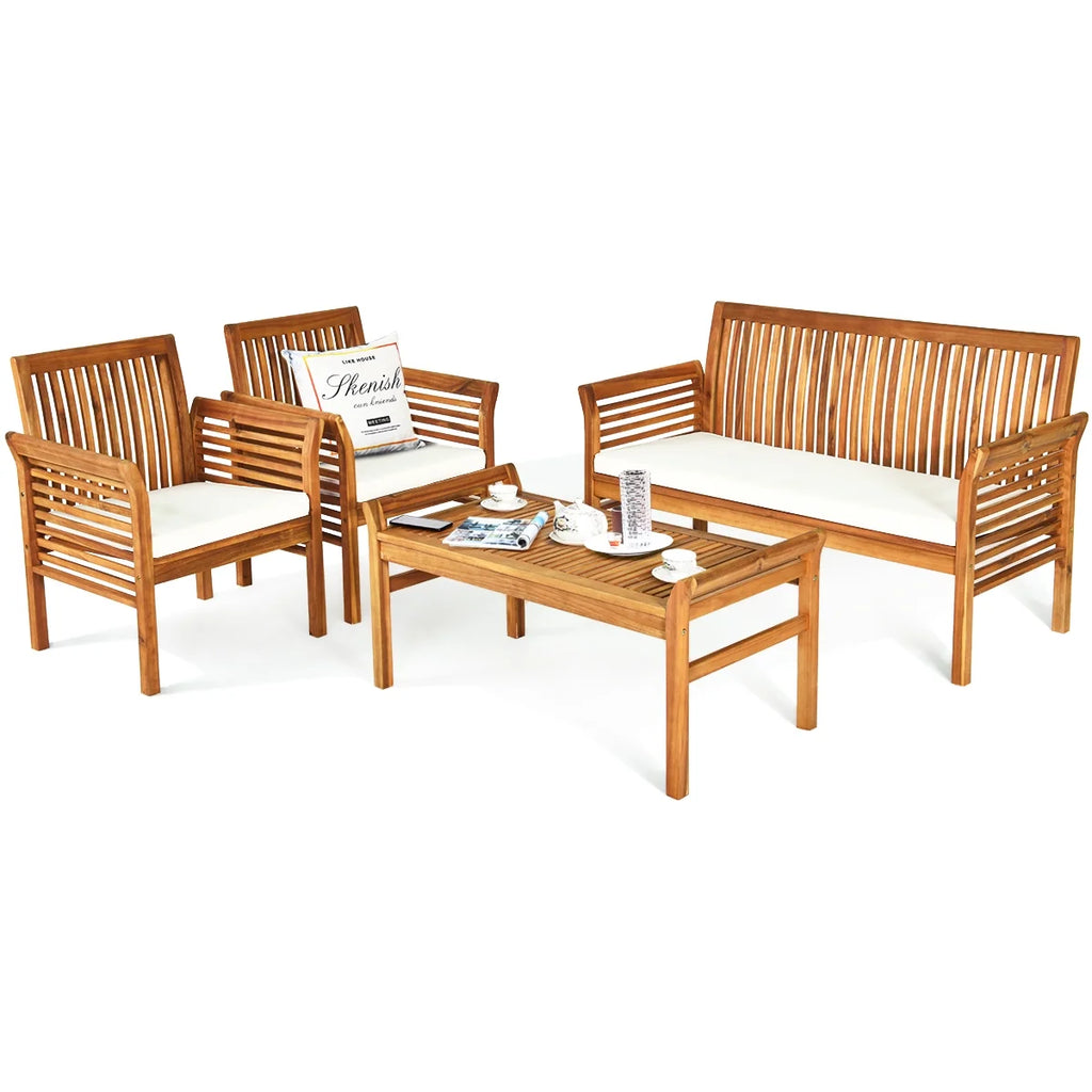 4-Piece Acacia Wood Patio Sofa Set with Beige Cushions V593