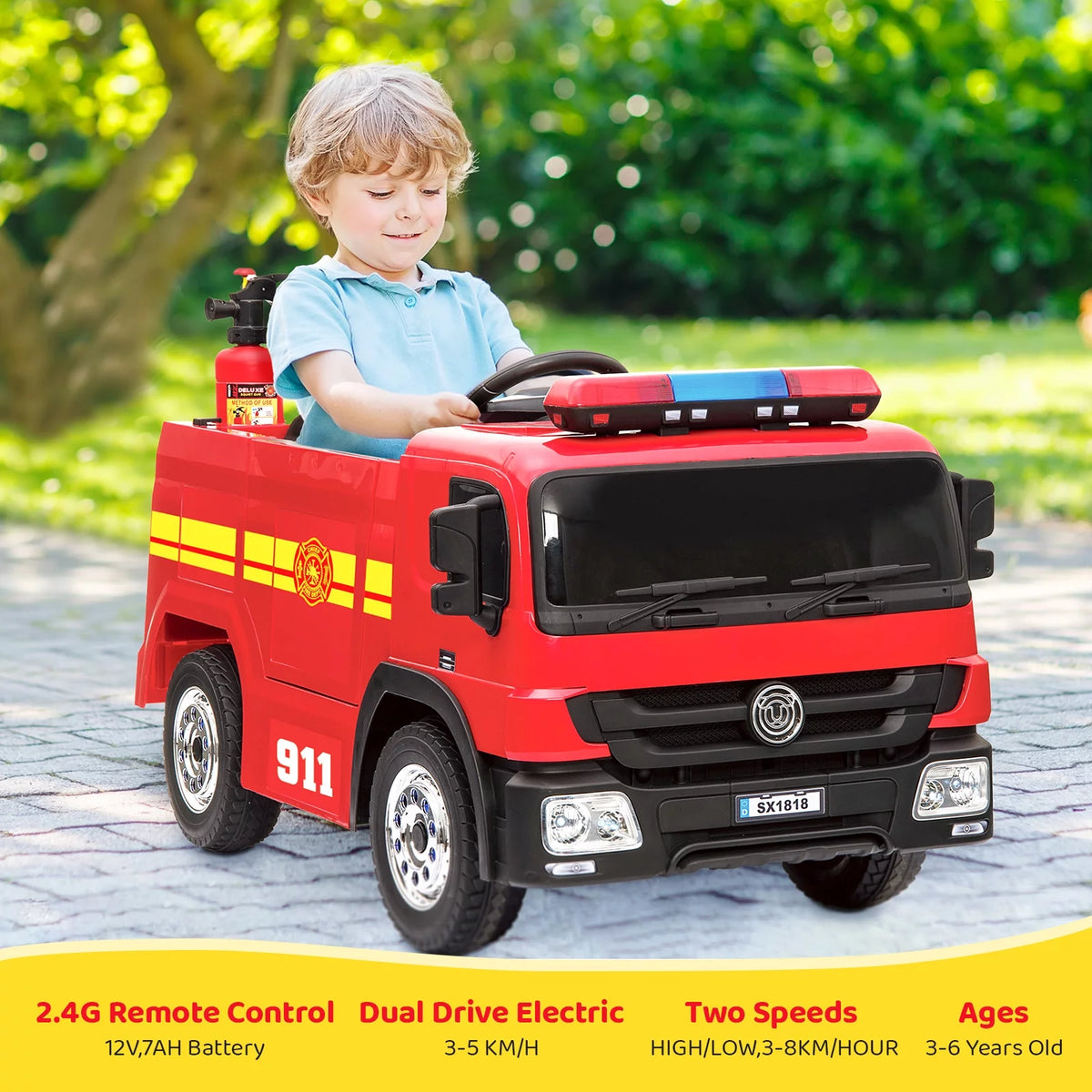 12V Kids Ride on Car Electric Powered Fire Truck Toy with Remote Control L8585