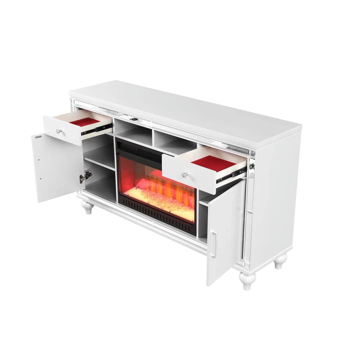 Solid Wood TV Stand With Electric Fireplace in White T62158