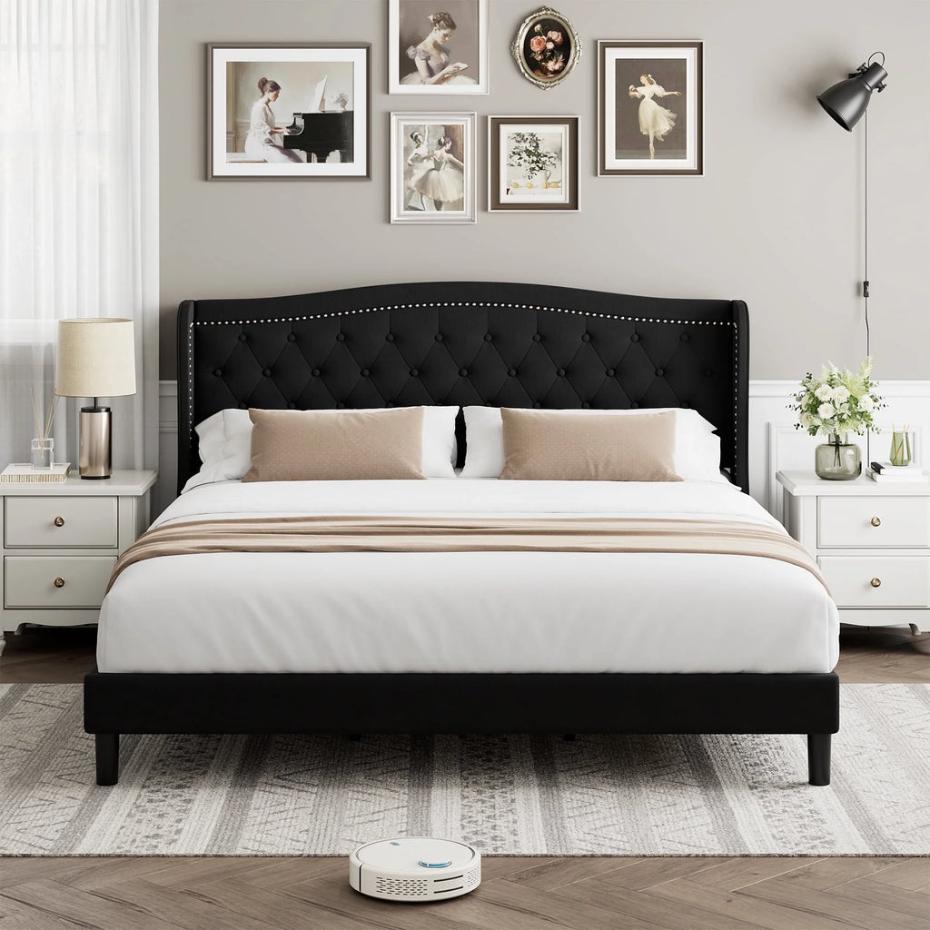 King Bed Frame with Wing-Back Button Tufted Headboard F327544