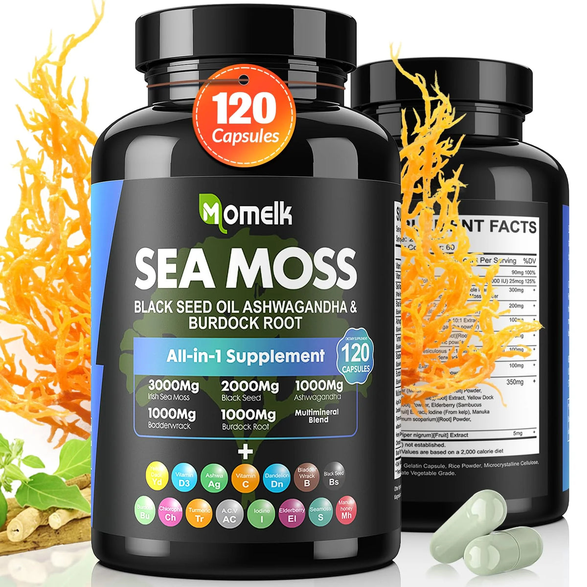 Sea Moss Ashwagandha Black Seed Oil Turmeric Burdock Bladderwrack Vitamin C D3 Elderberry Manuka Dandelion Yellow Dock Iodine Chlorophyll ACV 120 Pills M70377