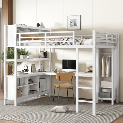 Queen Size Black Metal Loft Bed with Wardrobe and Desk Y69698